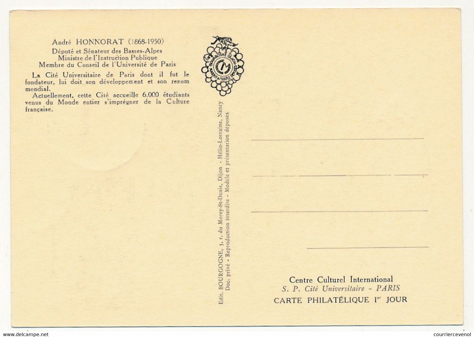 FRANCE - Carte Maximum - 0,30 A. HONNORAT - Premier Jour PARIS 19 Nov 1960 - 1960-1969