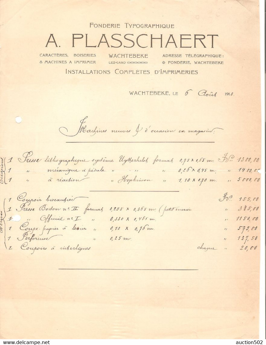 Facture 1910  A. Plasschaert Wachtebeke Fonderie Typographique - Imprimerie & Papeterie