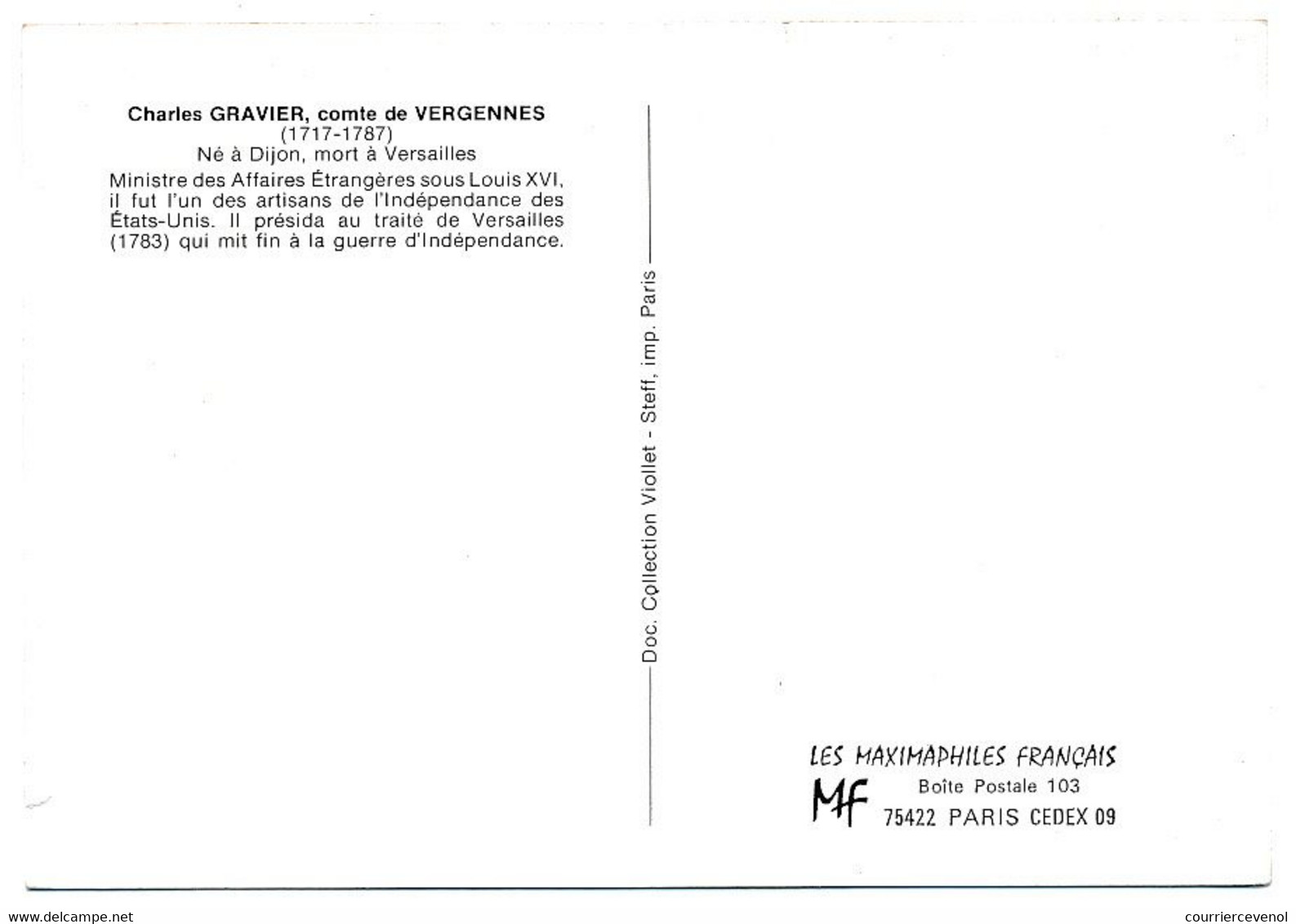 FRANCE - Carte Maximum - 1,20 VERGENNES (Bicentenaire Indépendance Des Etats Unis) - Premier Jour Versailles 15/5/1976 - 1970-1979