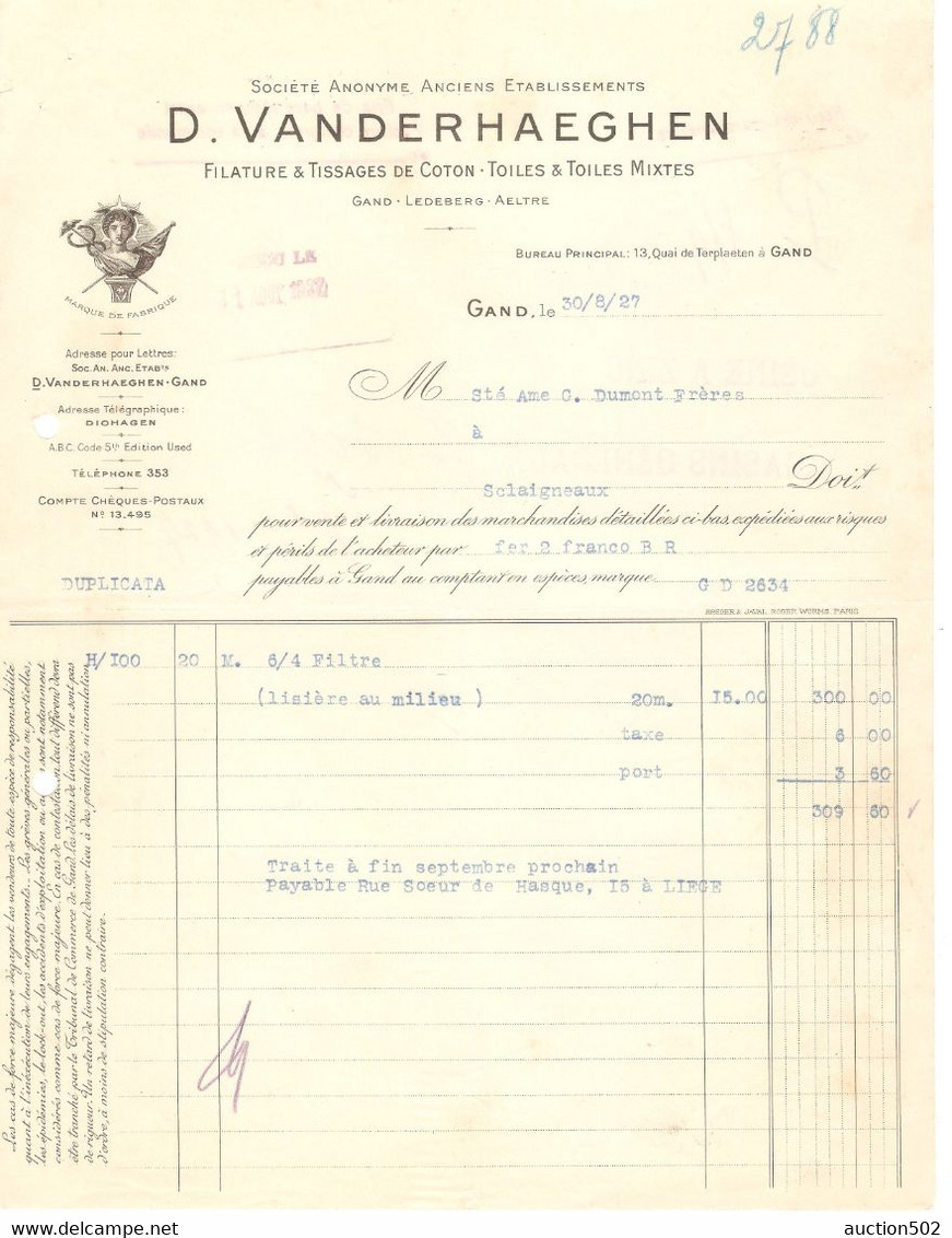 Facture 1927 D. Vanderhaeghen Gand Filature & Tissages De Coton - Petits Métiers