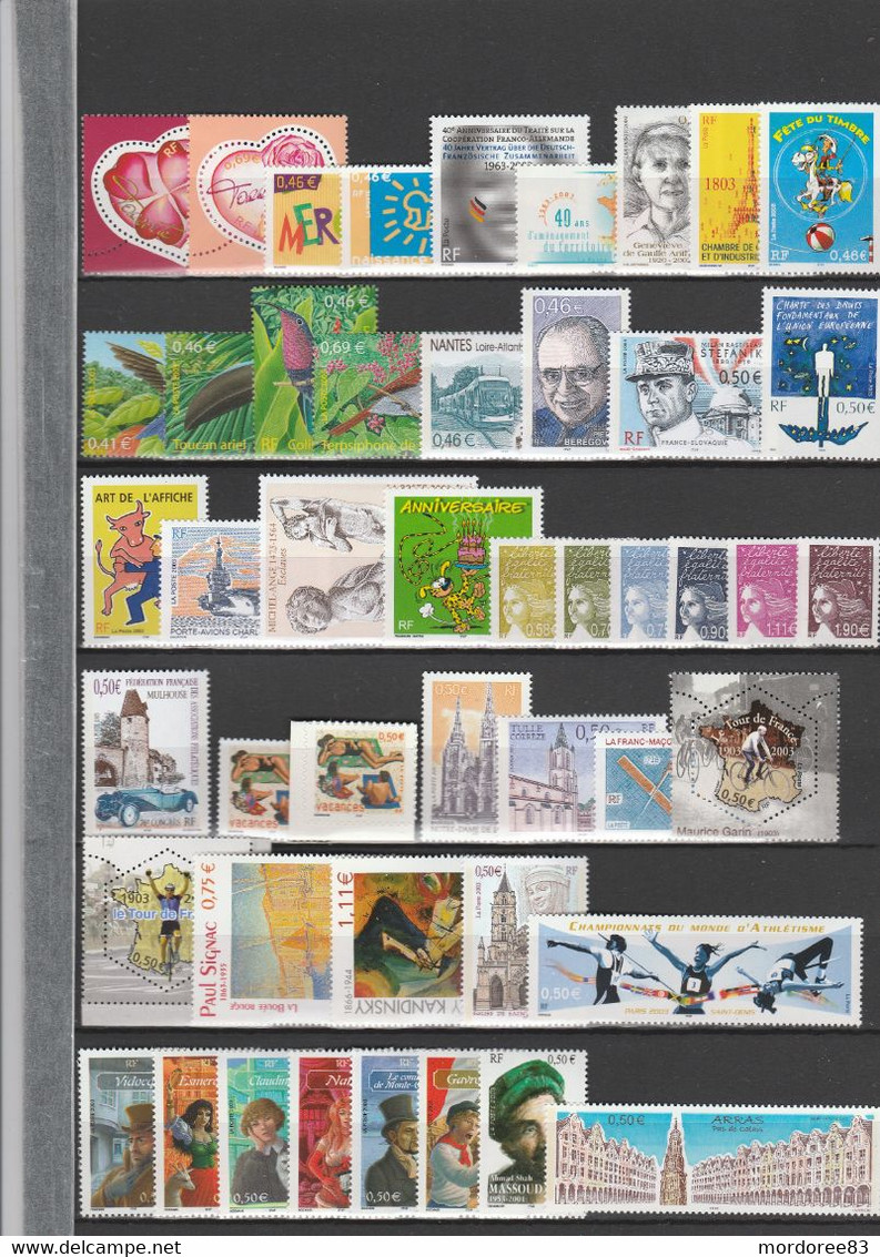 FRANCE ANNEE COMPLETE 2003 NEUF YT 3538 A 3631 SOIT 94 TIMBRES COTE 169 EUROS - 2000-2009