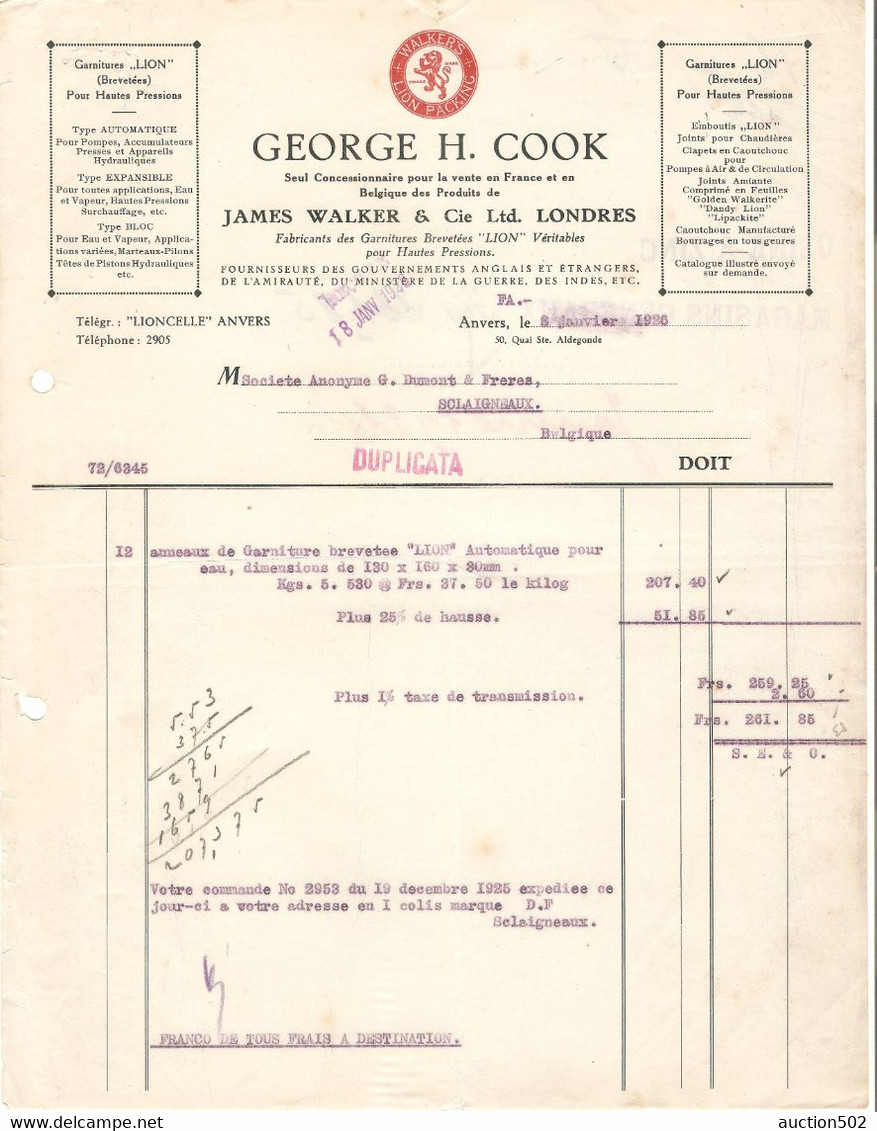 Facture 1926 Georges H. Cook Anvers Concessionnaire Garnitures Lion Pour Haute Pression J.Walker & Cie - Petits Métiers