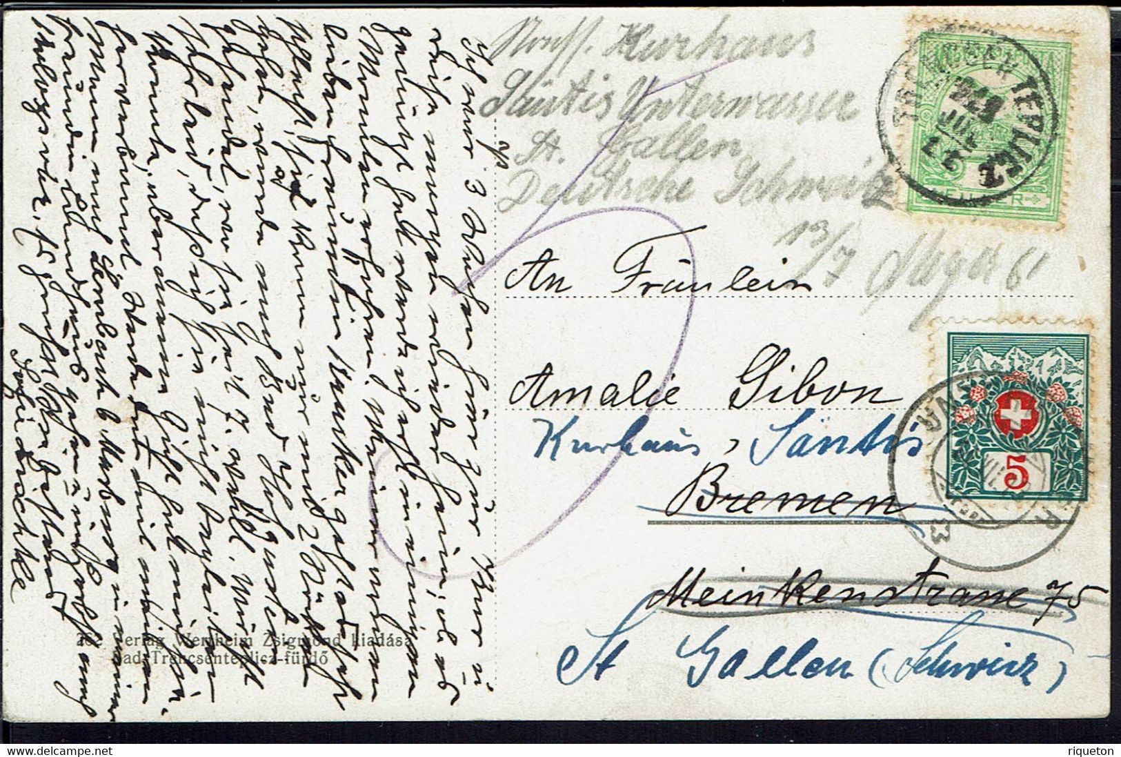 Affr 5 P. Sur CPA "Bad-Trencsénteplicz-furdo" Corr. Du 11/7/13 Pour Bremen, Redirigée Vers La Suisse. Taxe 5c à L'arrivé - Postmark Collection