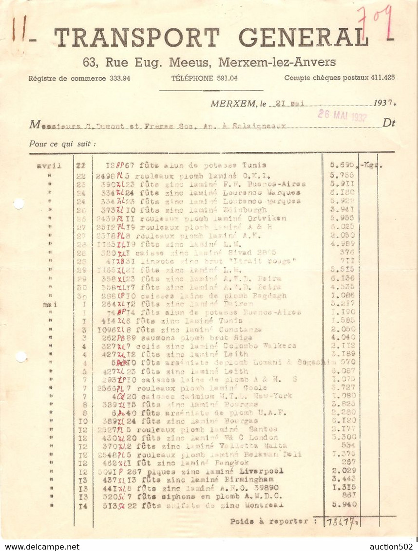 Facture 1937 TRANSPORT GENERAL Merxem > Sclaigneux - Trasporti