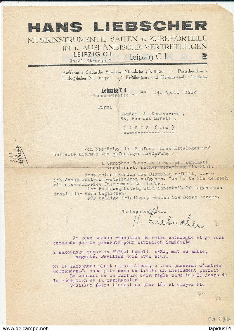 FA 2934 / FACTURE -   HANS LIEBSCHER MUSIKINSTRUMENTE    LEIPZIG     ALLEMAGNE    1932 - Other & Unclassified