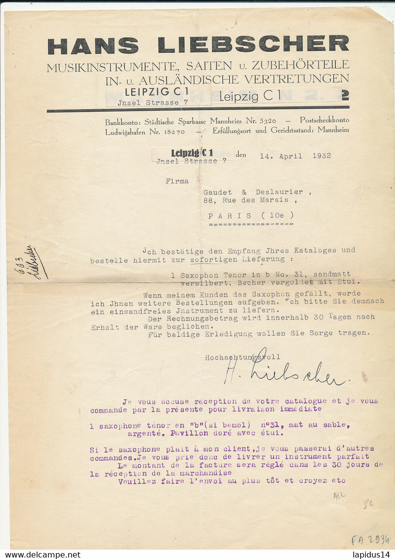 FA 2934 / FACTURE -   HANS LIEBSCHER MUSIKINSTRUMENTE    LEIPZIG     ALLEMAGNE    1932 - Sonstige & Ohne Zuordnung