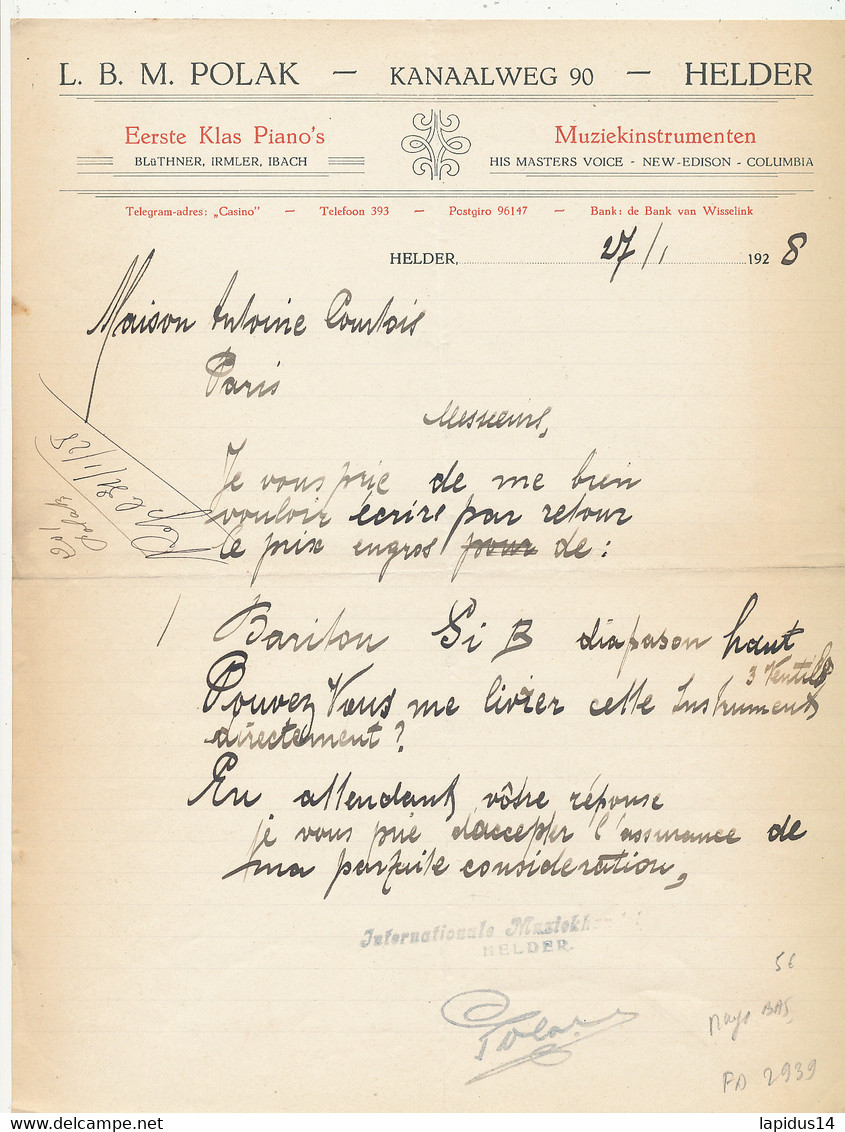 FA 2939 / FACTURE -  EERSTE KLAS PIANO'S  MUZIEKINSTRUMENTEN   HELDER  PAYS-BAS   1928 - Pays-Bas