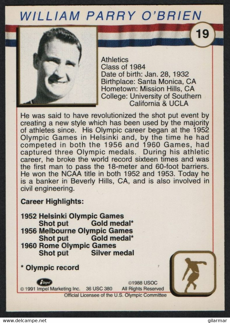 UNITED STATES - U.S. OLYMPIC CARDS HALL OF FAME - ATHLETICS: PARRY O'BRIEN - SHOT PUT - # 19 - Trading Cards