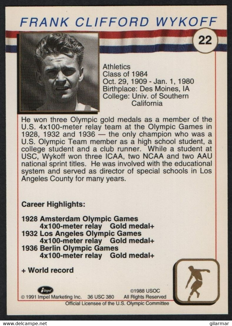 UNITED STATES - U.S. OLYMPIC CARDS HALL OF FAME - ATHLETICS - FRANK CLIFFORD WYKOFF - 4x100 METER RELAY  - # 22 - Trading Cards