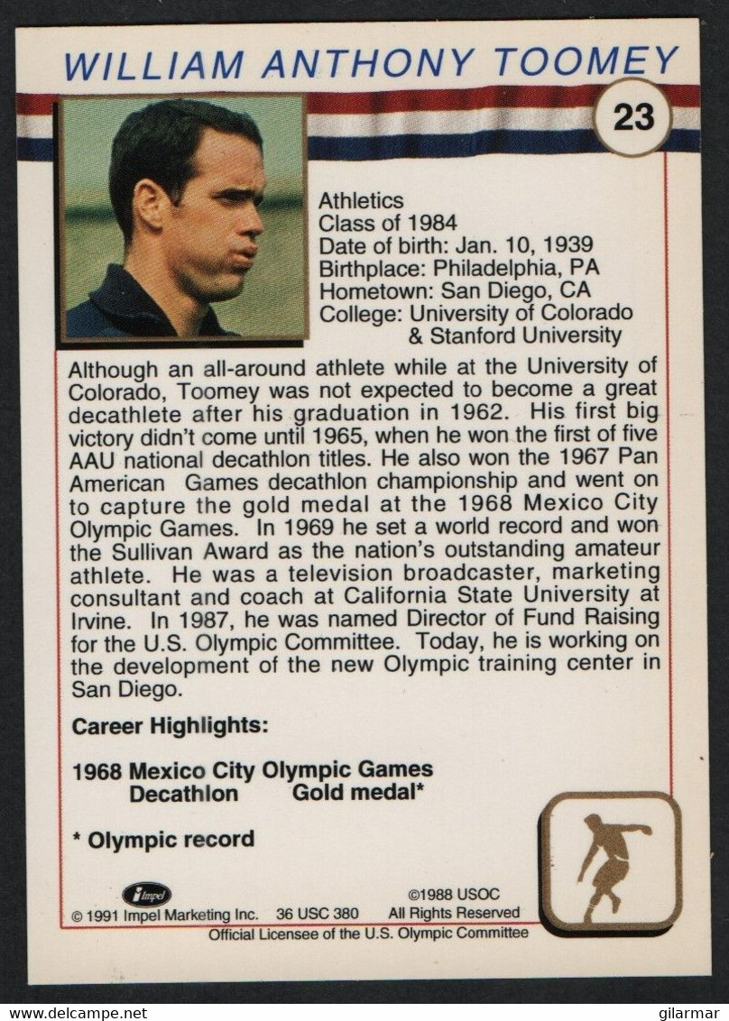 UNITED STATES - U.S. OLYMPIC CARDS HALL OF FAME - ATHLETICS - WILLIAM ANTHONY TOOMEY - DECATHLON   - # 23 - Trading Cards