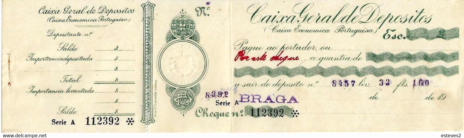 Portugal , Caixa Geral De Depósitos , Braga Agency , Cheque , Check ,  White Seal , Early 20 Century - Chèques & Chèques De Voyage