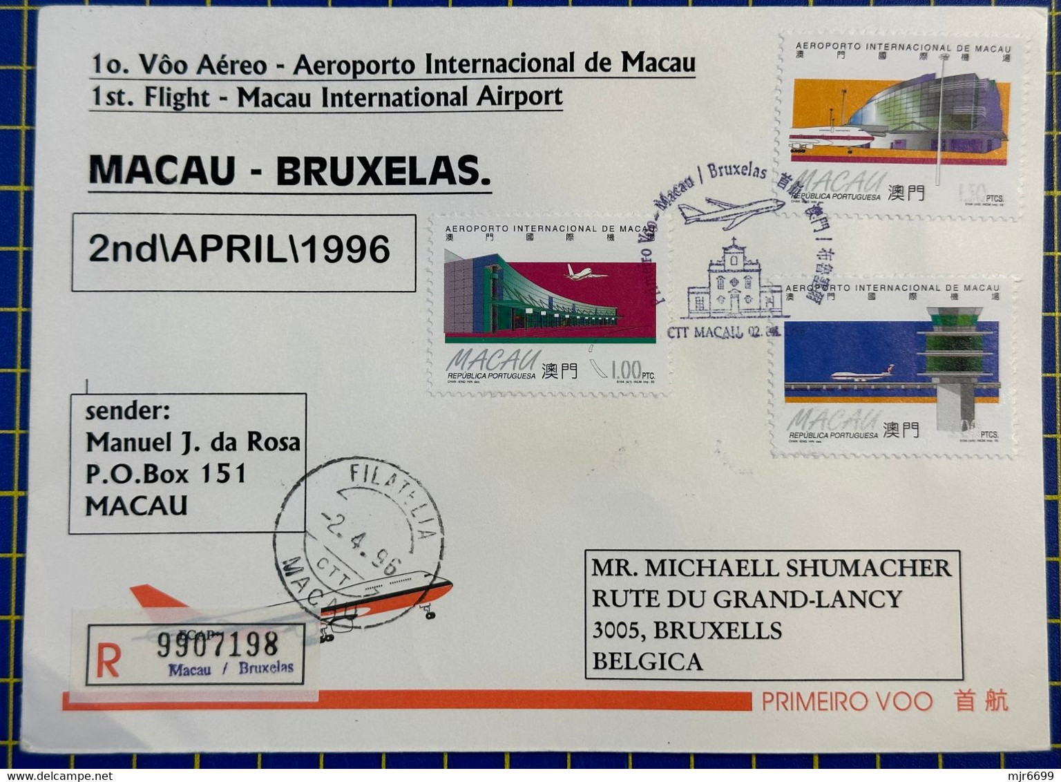 1996 MACAU INTERNATIONAL AIRPORT FIRST FLIGHT REGISTERD COVER TO BRUXELLS-BELGIUM - Storia Postale