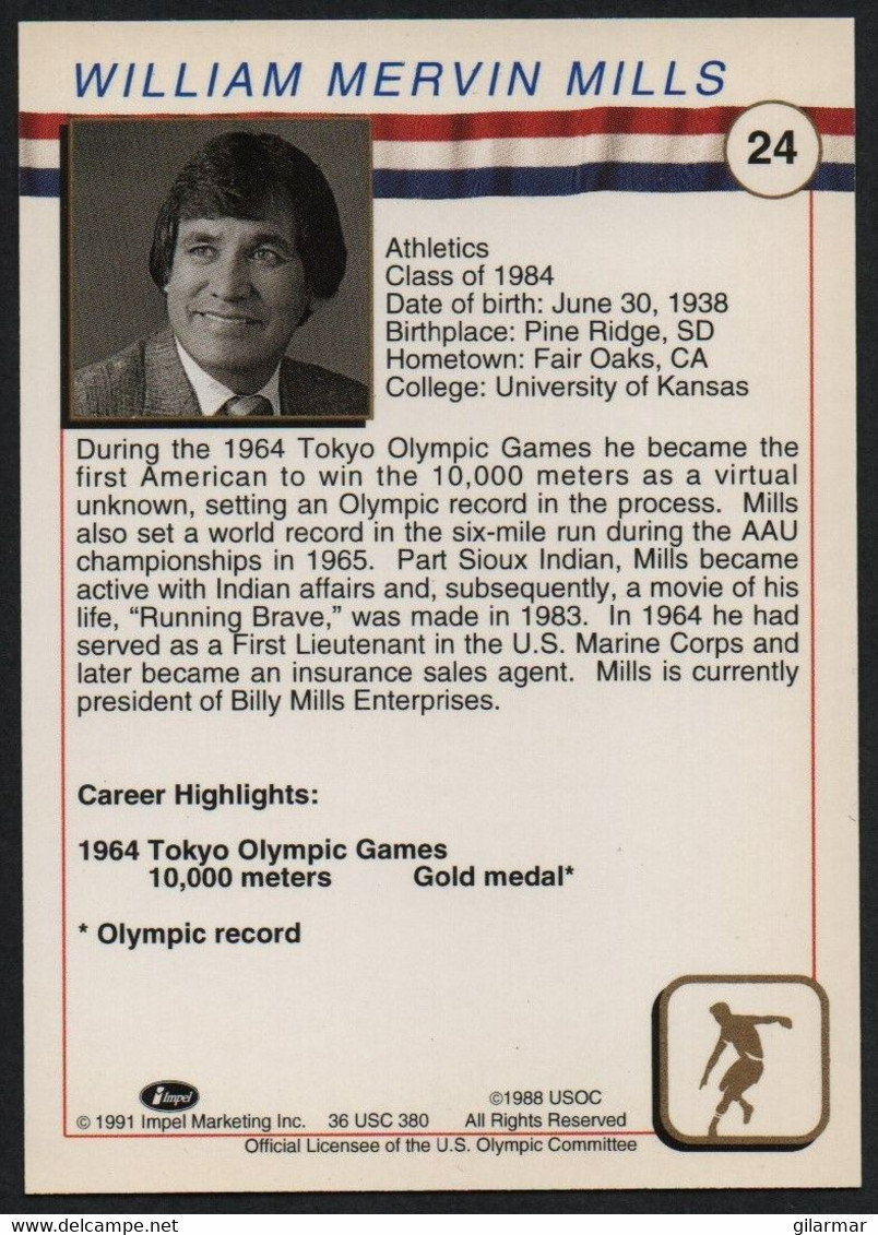 UNITED STATES - U.S. OLYMPIC CARDS HALL OF FAME - ATHLETICS - WILLIAM MERLIN MILLS - 10.000 METERS - # 24 - Tarjetas
