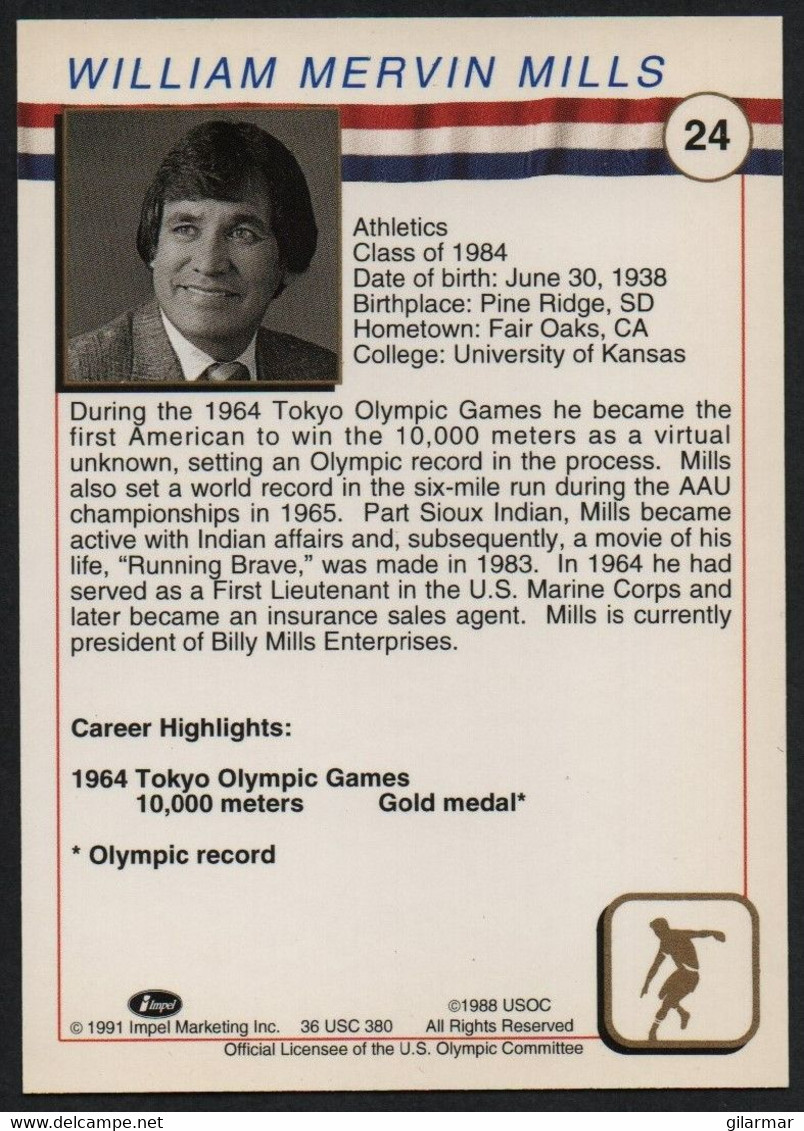 UNITED STATES - U.S. OLYMPIC CARDS HALL OF FAME - ATHLETICS - WILLIAM MERLIN MILLS - 10.000 METERS - # 24 - Trading Cards