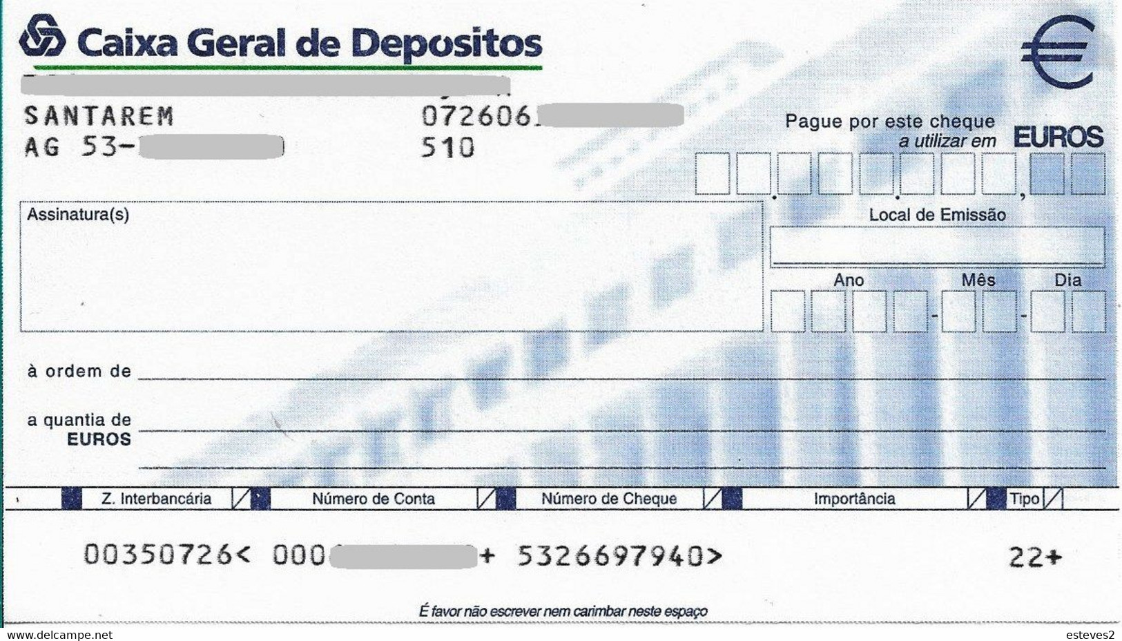 Portugal , 2003 , Cheque , Check , Banco CAIXA GERAL DE DEPÓSITOS , Unused - Cheques & Traveler's Cheques