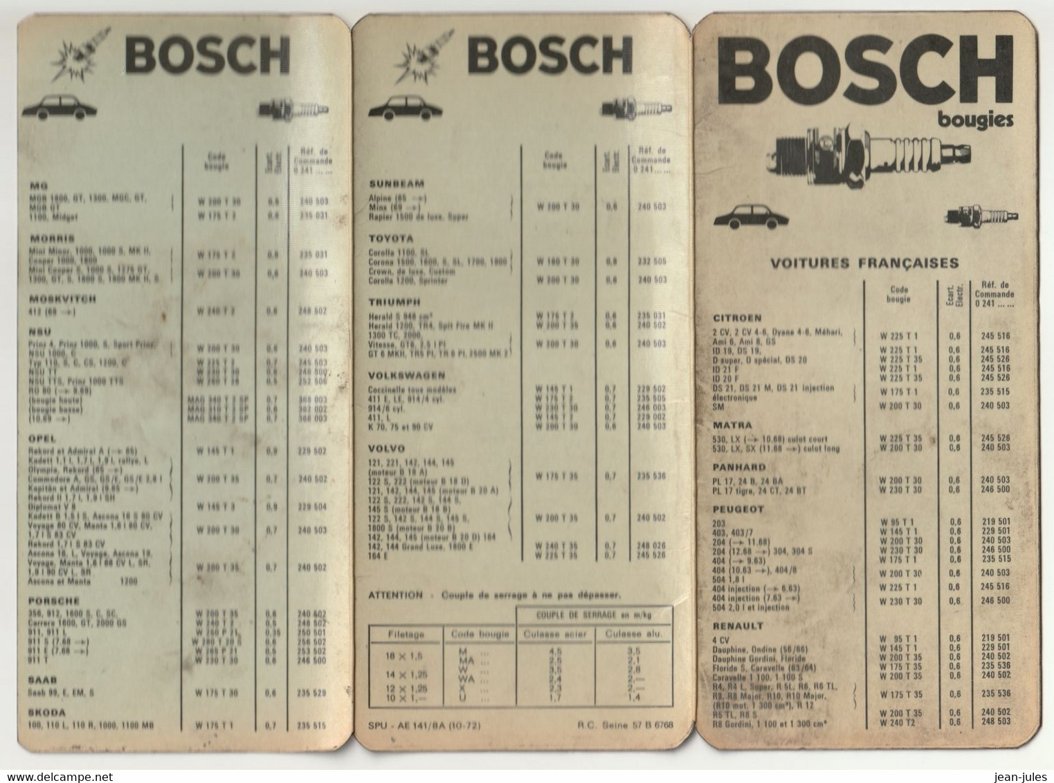 BOSCH Bougies - Plaquette De Poche De Réglage Des Bougies, Code, écartement électrode Et Références - Octobre 1972 - Materiaal En Toebehoren