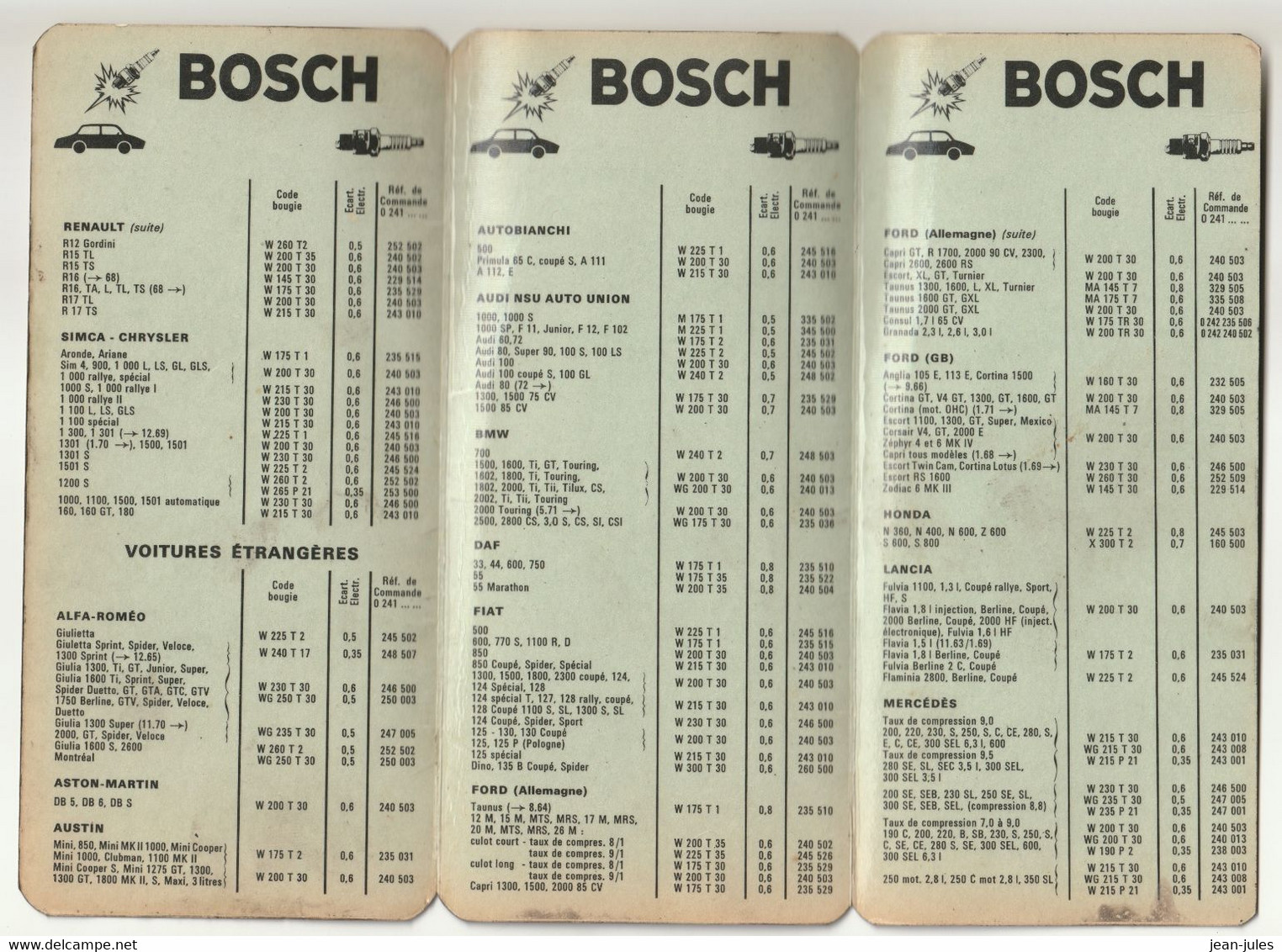 BOSCH Bougies - Plaquette De Poche De Réglage Des Bougies, Code, écartement électrode Et Références - Octobre 1972 - Material Y Accesorios