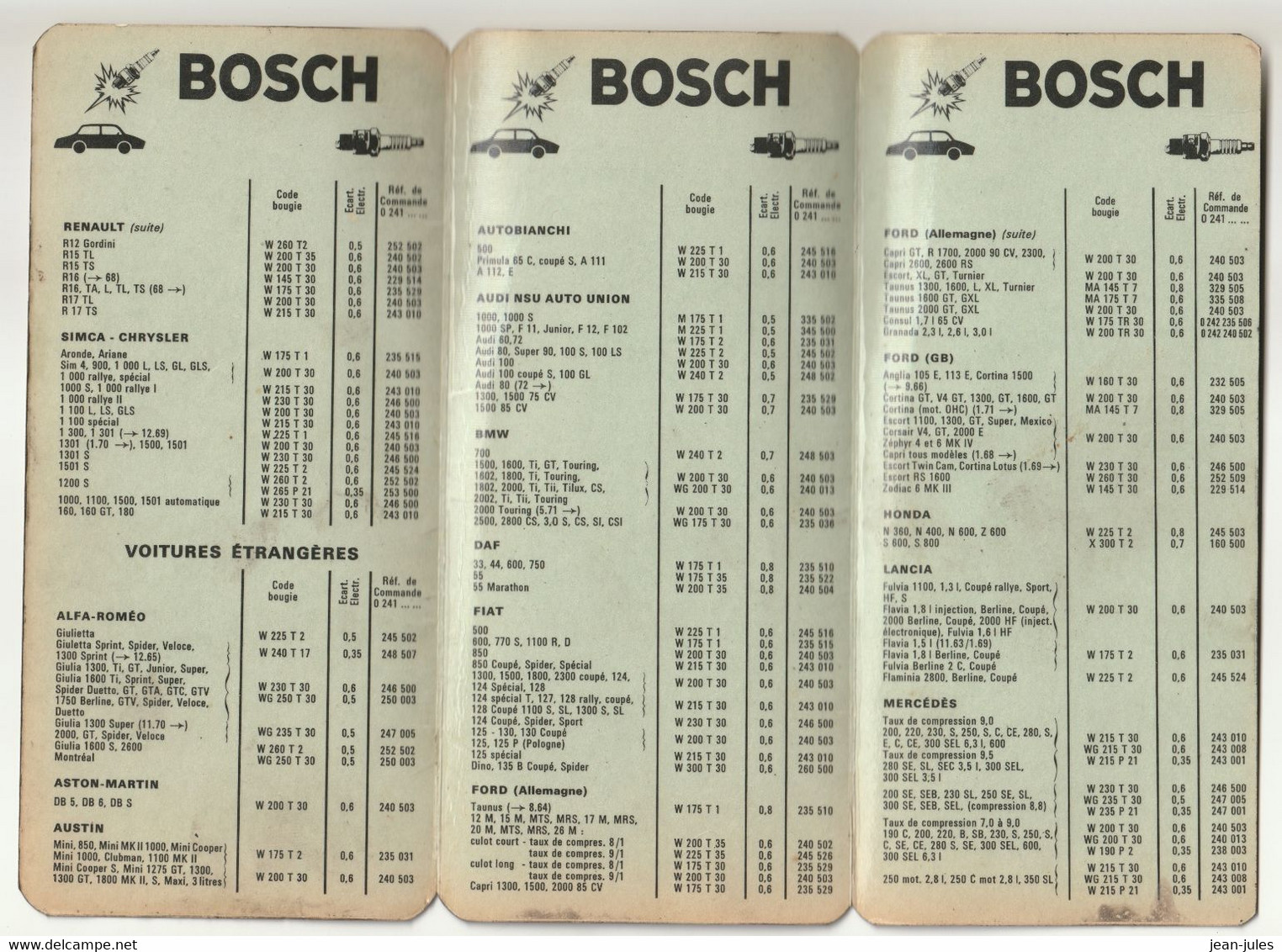 BOSCH Bougies - Plaquette De Poche De Réglage Des Bougies, Code, écartement électrode Et Références - Octobre 1972 - Matériel Et Accessoires