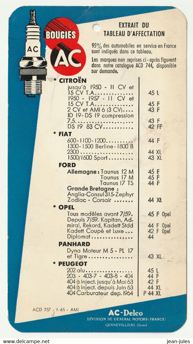 AC Bougies - Extrait Du Tableau D'affectation Détachable - Références - Janvier 1965 - Ac-Delco - Material Y Accesorios