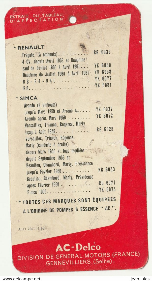 AC Delco - Pompes à Essence AC - Tableau D'affectation Détachable - Références - Janvier 1963 - AC-Delco - Matériel Et Accessoires