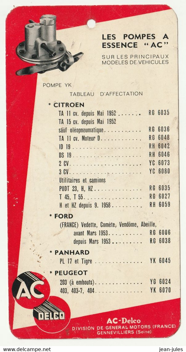 AC Delco - Pompes à Essence AC - Tableau D'affectation Détachable - Références - Janvier 1963 - AC-Delco - Matériel Et Accessoires