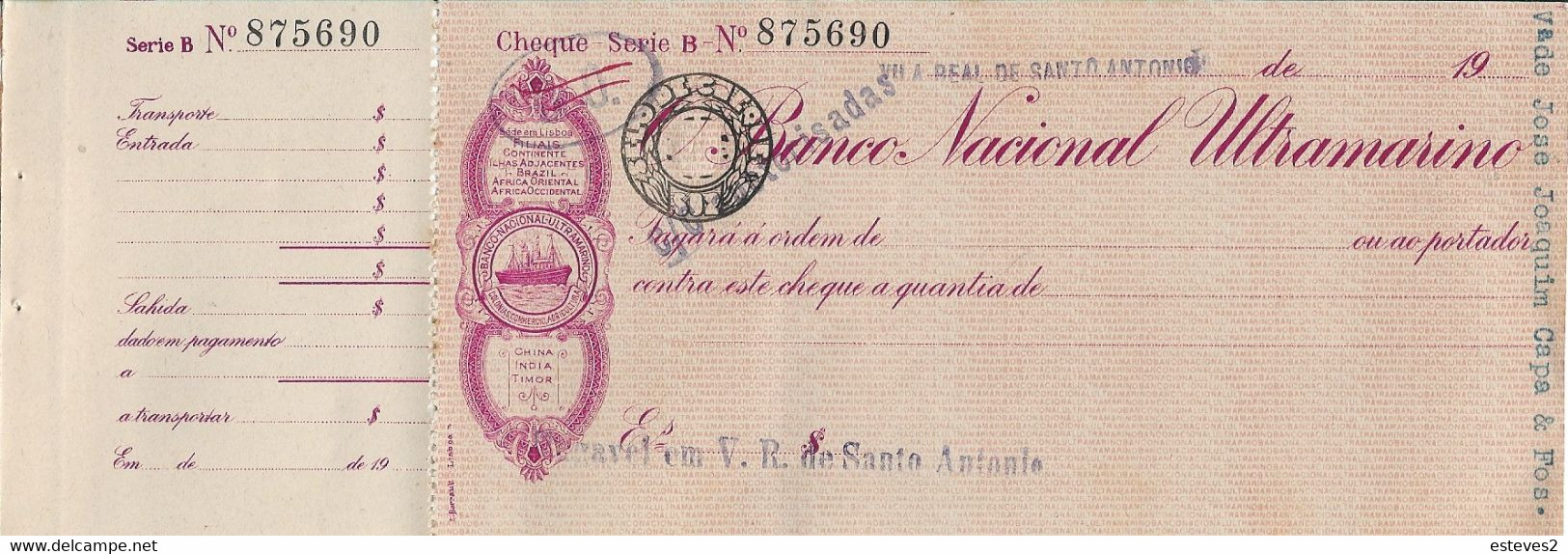 Portugal , Cheque , Check , Banco Nacional Ultramarino - Chèques & Chèques De Voyage