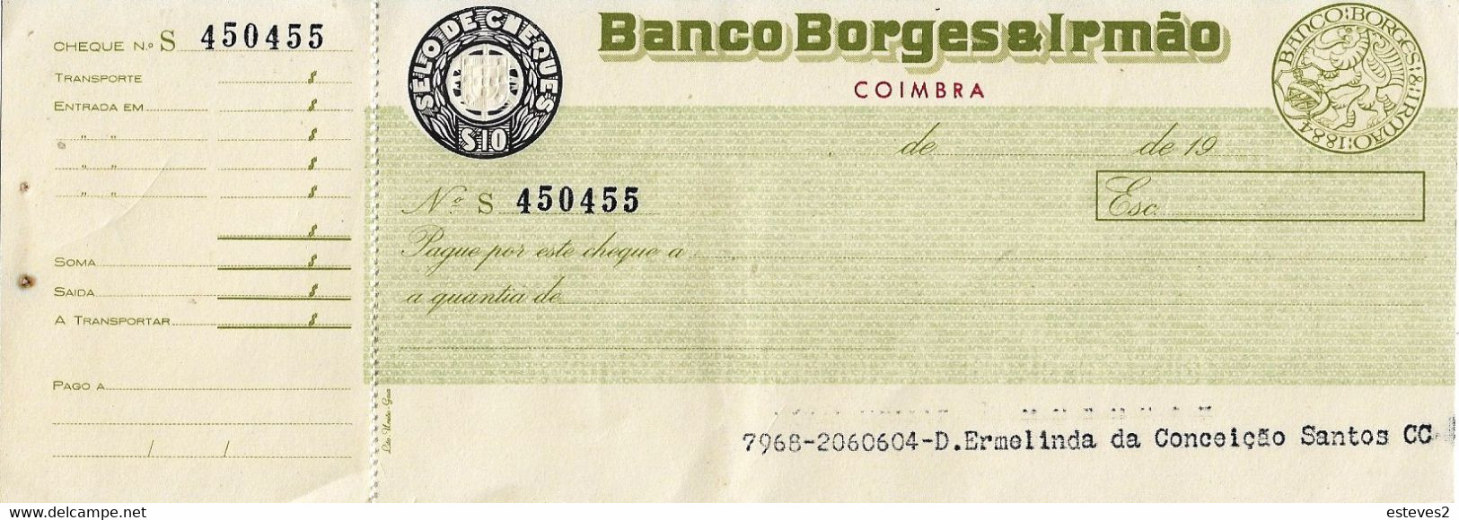 Portugal , 1970 's , Cheque , Check , Banco Borges & Irmão , Coimbra - Chèques & Chèques De Voyage
