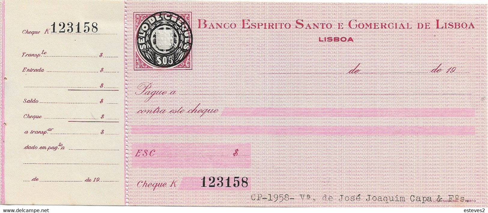 Portugal , Cheque , Check , Banco Espirito Santo E Comercial De Lisboa - Cheques & Traveler's Cheques