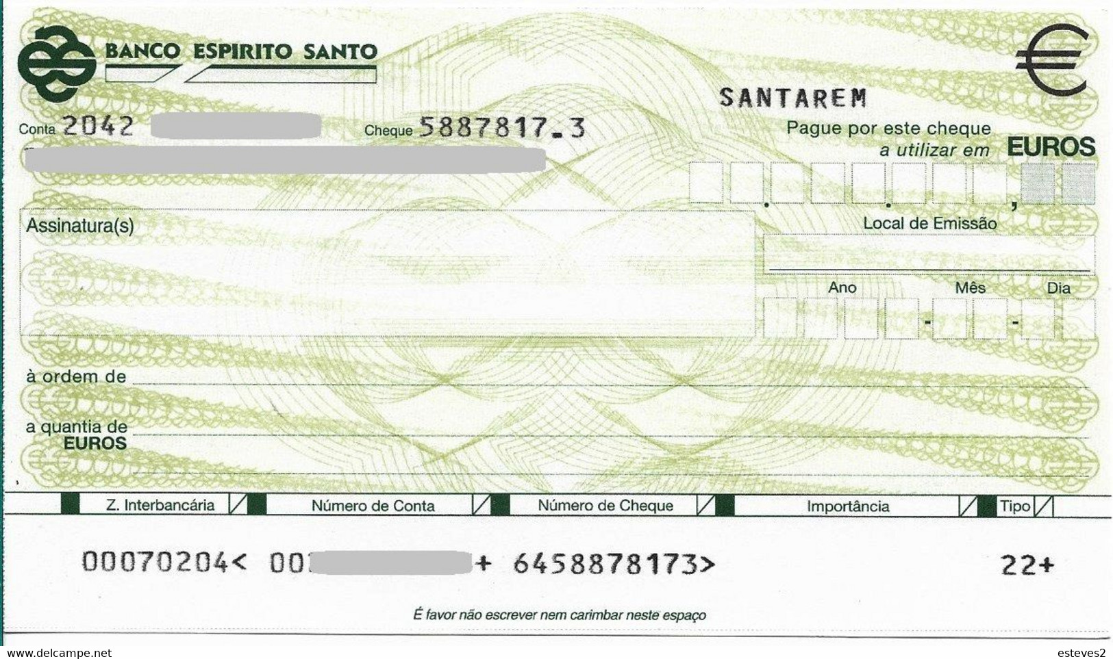 Portugal , Cheque , Check , Banco Espirito Santo - Chèques & Chèques De Voyage