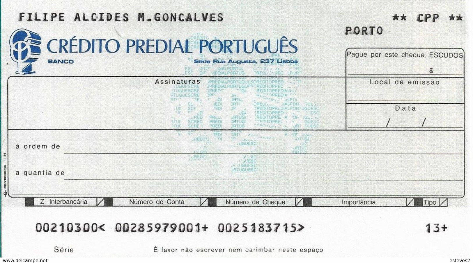 Portugal , Cheque , Check , Crédito Predial Português - Chèques & Chèques De Voyage