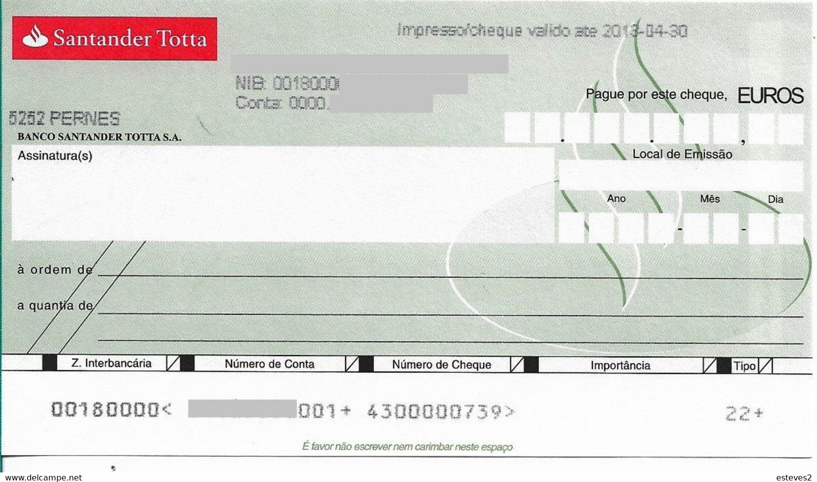 Portugal , 2012 ,  Cheque , Check , Santander Totta - Chèques & Chèques De Voyage