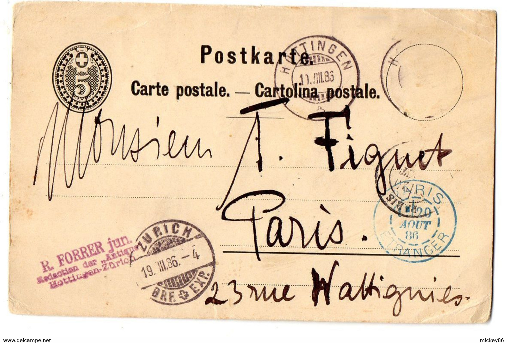 Suisse-1886-Carte Postale HOTTINGEN(Zurich) Pour PARIS (France)-timbre Absent..cachets Dont PARIS ETRANGER Couleur Bleue - Brieven En Documenten