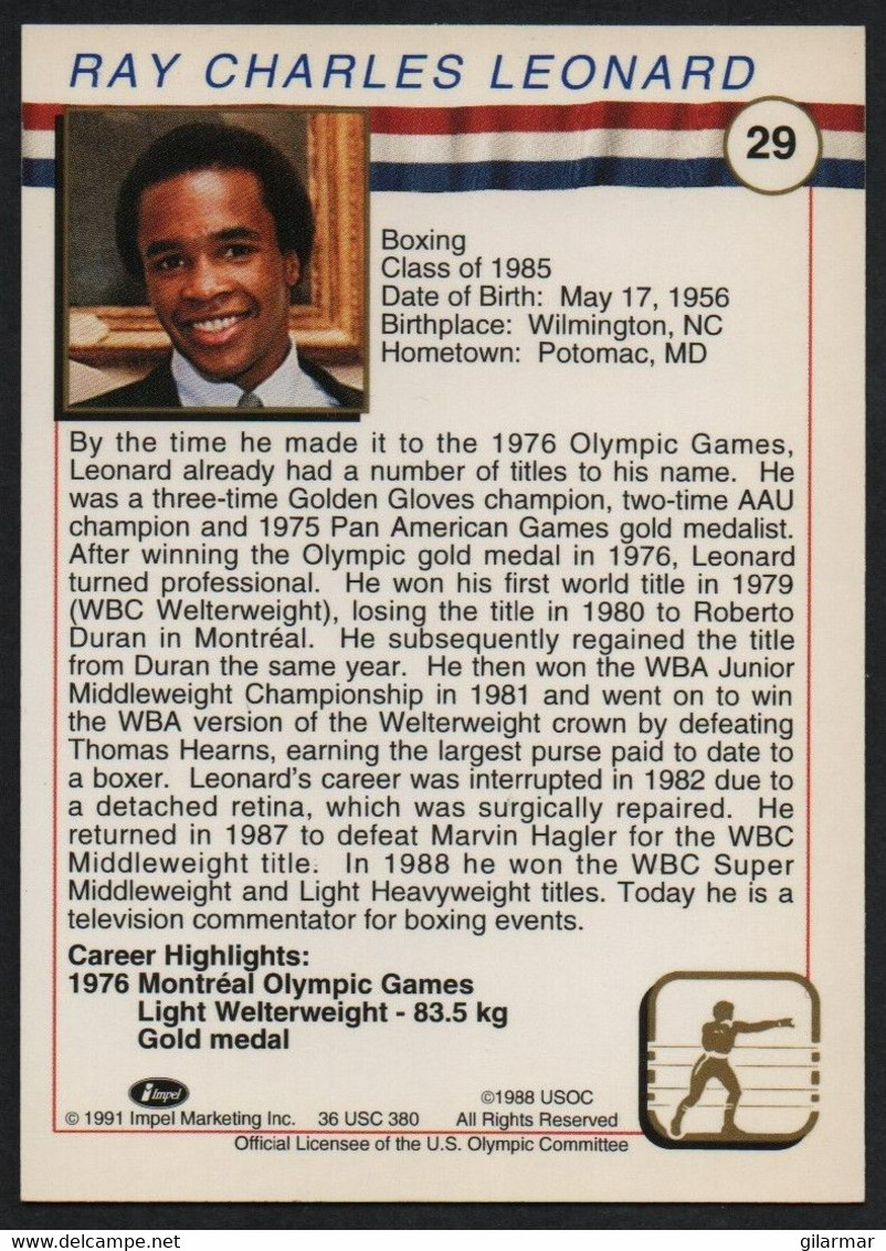 UNITED STATES - U.S. OLYMPIC CARDS HALL OF FAME - BOXING - SUGAR RAY LEONARD - # 29 - Trading-Karten