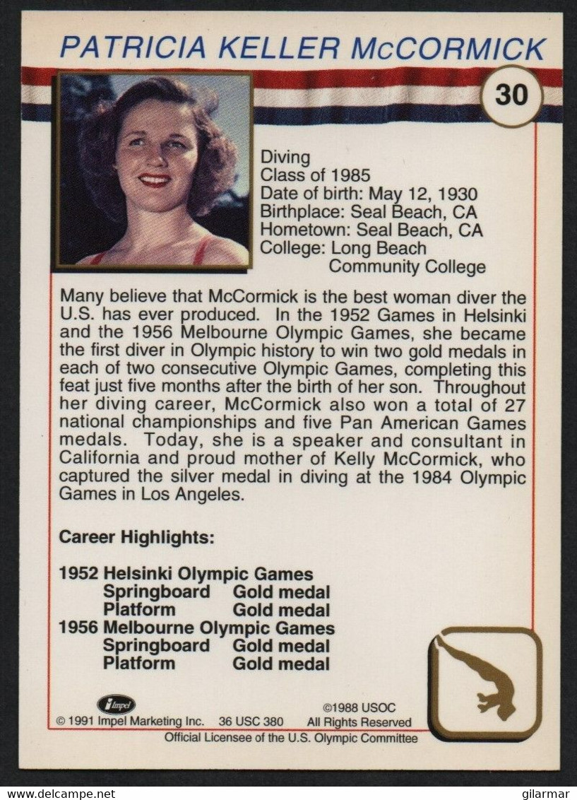 UNITED STATES - U.S. OLYMPIC CARDS HALL OF FAME - DIVING - PATRICIA McCORMICK - # 30 - Trading Cards