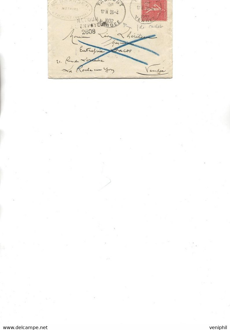 PETITE LETTRE  OBLITEREE CAD TALMONT -VENDEE 1932  -AFFRANCHIE  SEMEUSE LIGNEE N° 199 . - 1921-1960: Modern Tijdperk