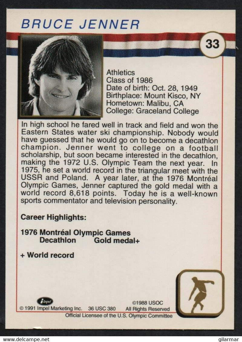 UNITED STATES - U.S. OLYMPIC CARDS HALL OF FAME - ATHLETICS - BRUCE JENNER - DECATHLON - # 33 - Tarjetas