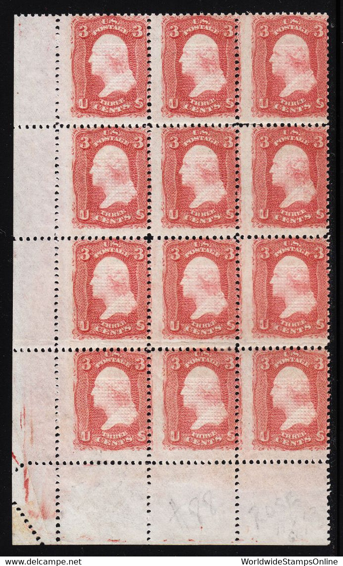 USA — SCOTT 88 — 3¢ WASHINGTON — E GRILL — MNH BLOCK/12 — SEE DESC — SCV $18,000 - Unused Stamps