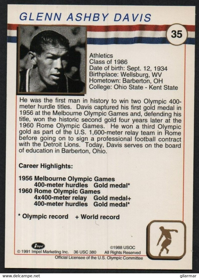 UNITED STATES - U.S. OLYMPIC CARDS HALL OF FAME - ATHLETICS - GLENN DAVIS - 400 METER HURDLES - # 35 - Trading-Karten