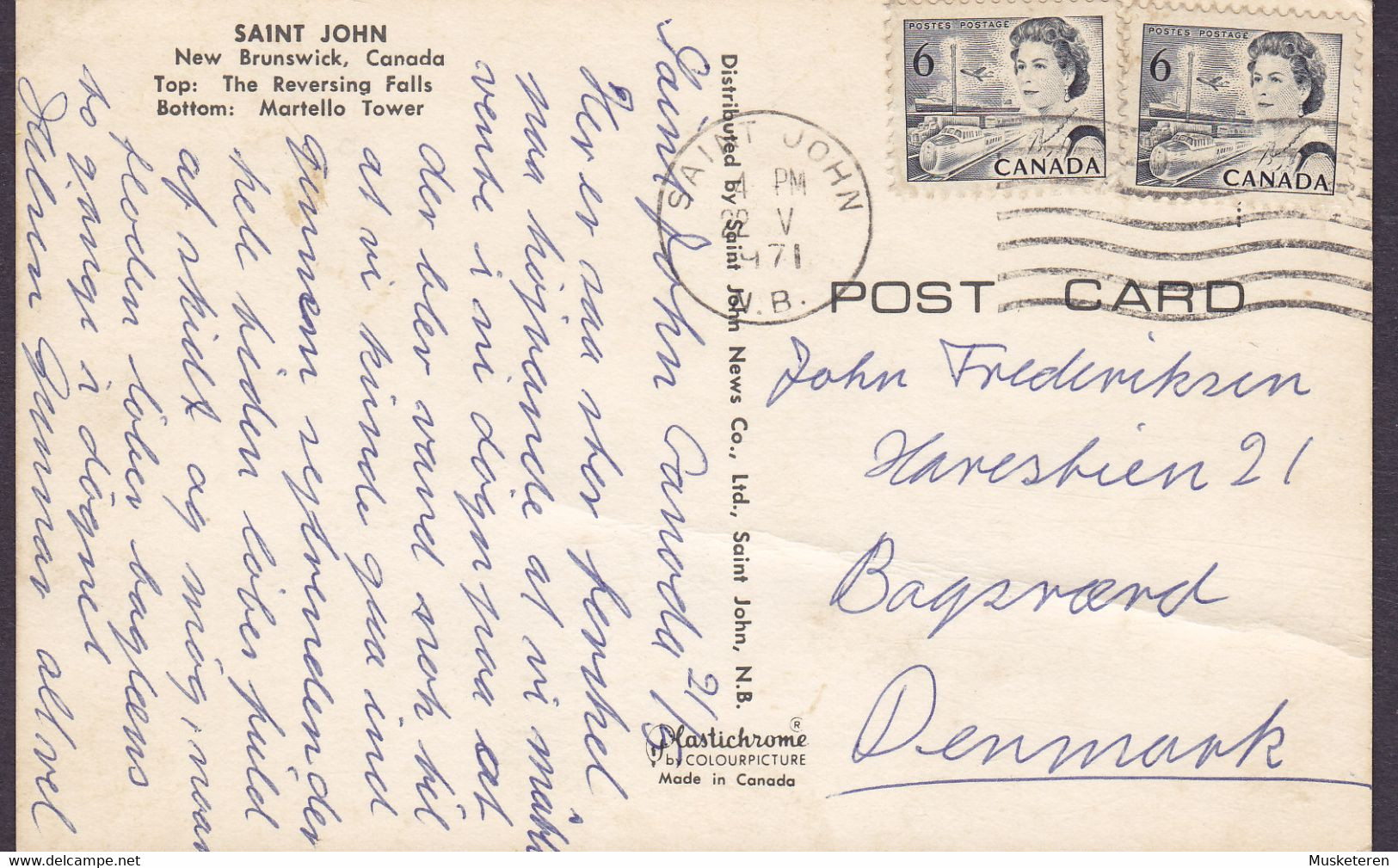 Canada PPC Greetings From SAINT JOHN New Brunswick, SAINT JOHN 1971 BAGSVÆRD Denmark 2x QEII. Stamps (2 Scans) - St. John