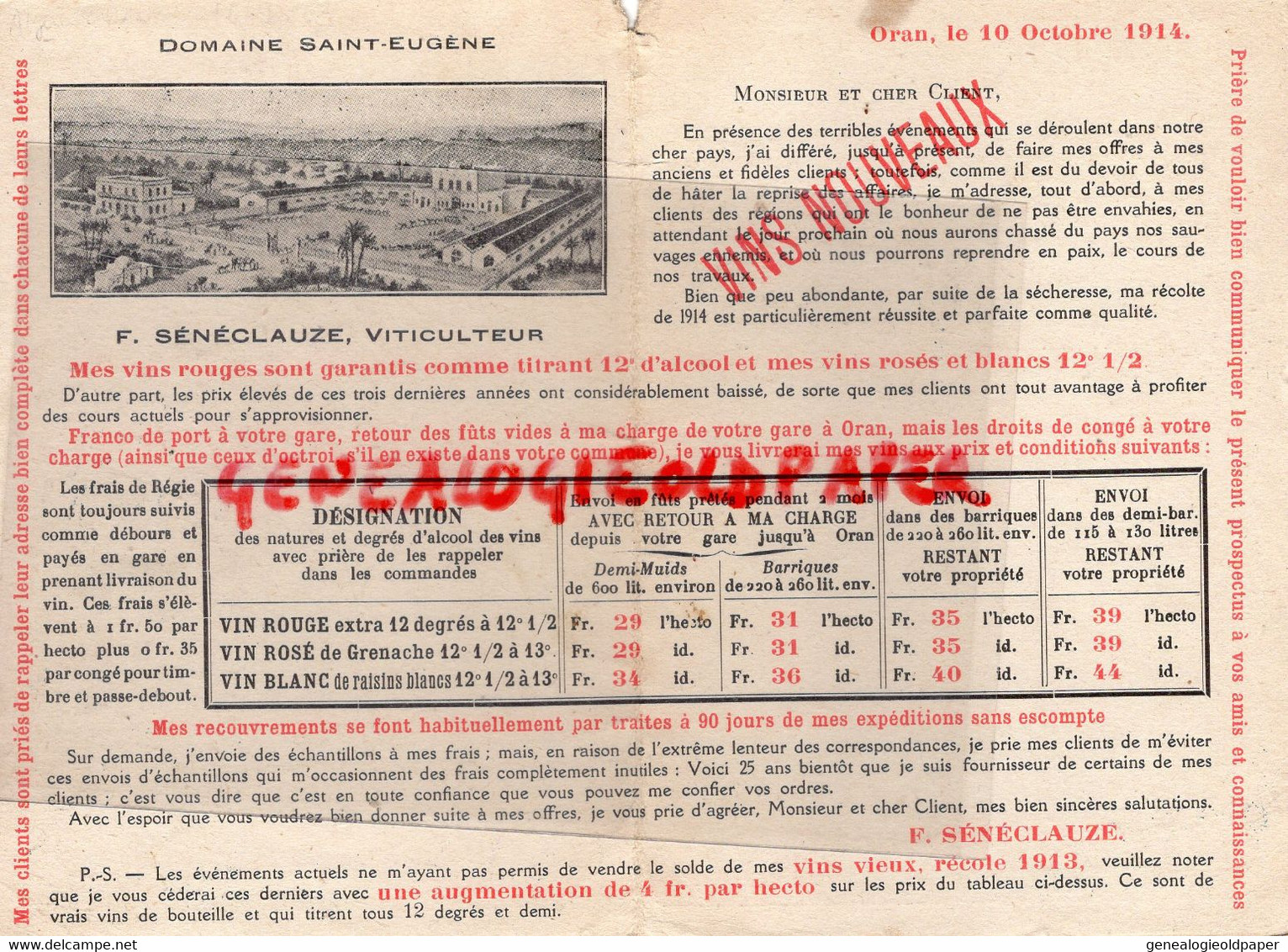 ALGERIE- ORAN - DOMAINE ST SAINT EUGENE - F. SENECLAUZE VITICULTEUR -JEUNE FEMME INDIGENE ET SON ENFANT-MERE ARABE-1914 - Historische Dokumente