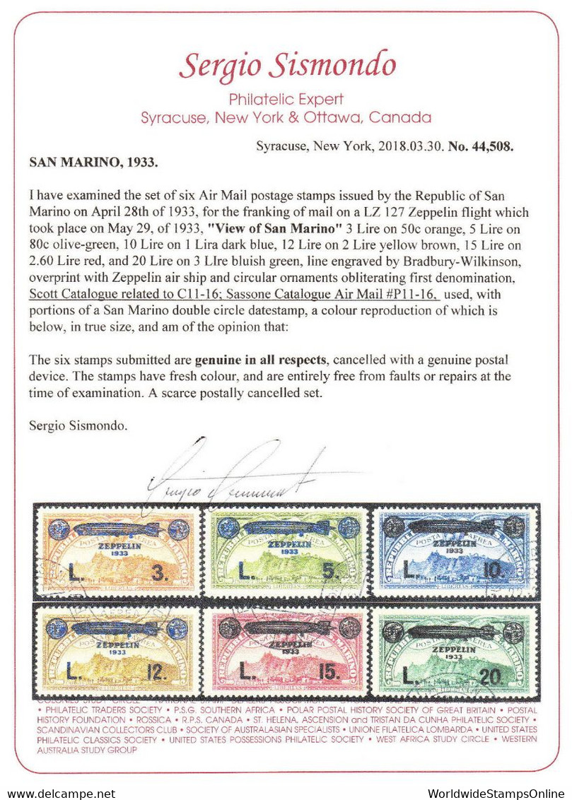 SAN MARINO — SCOTT C11-C16— 1933 ZEPPELIN OVERPRINT SET— USED W/CERT— SCV $1,445 - Oblitérés