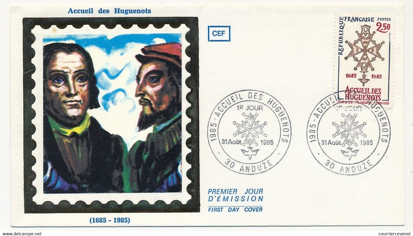 FRANCE - Enveloppe FDC Soie - 2,50 Accueil Des Huguenots - 30 ANDUZE - 31 Aout 1985 - Christianisme
