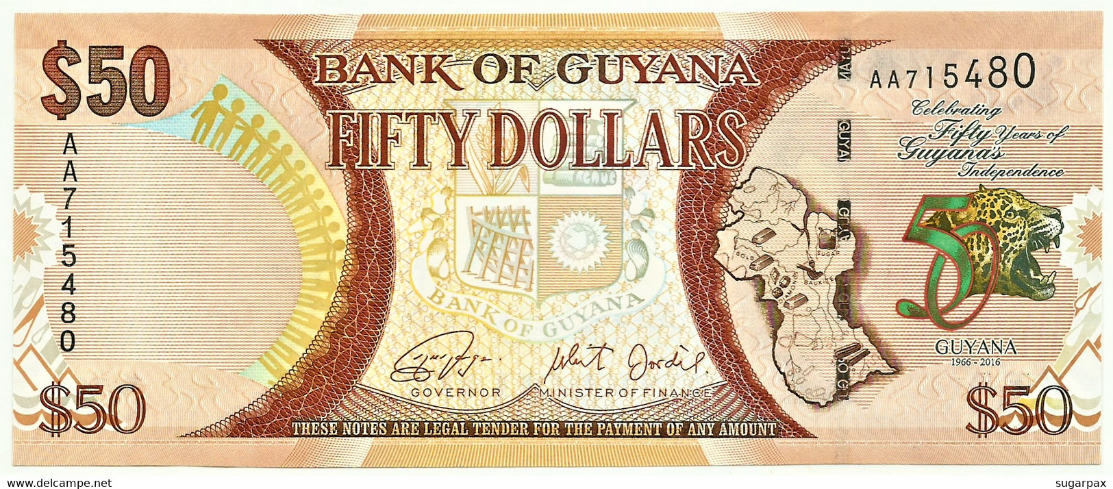 Guyana - 50 Dollars - 2016 - Pick: 41 - Unc. - Commemorative 50th Anniversary Of Independence - Serie AA - Guyana