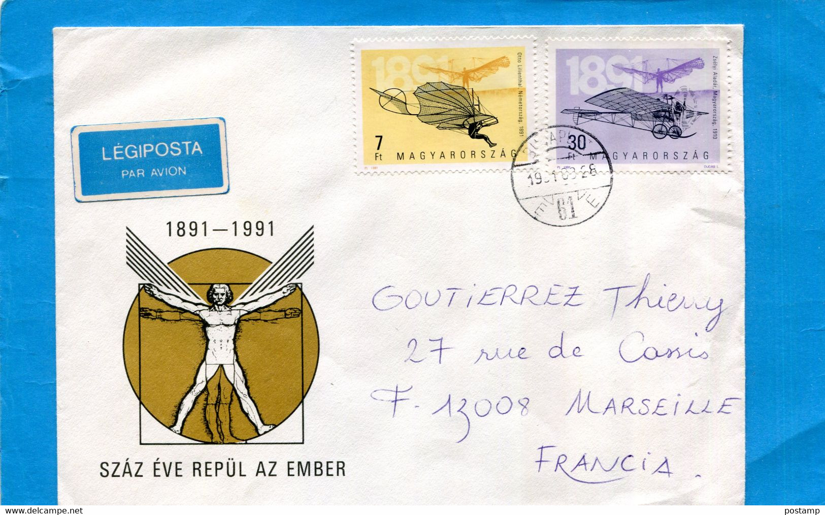 MARCOPHILIE-lettre-HONGRIE Centenaire Aviation  Pour France 1992-2-Stamps N°3332-3335 - Postmark Collection