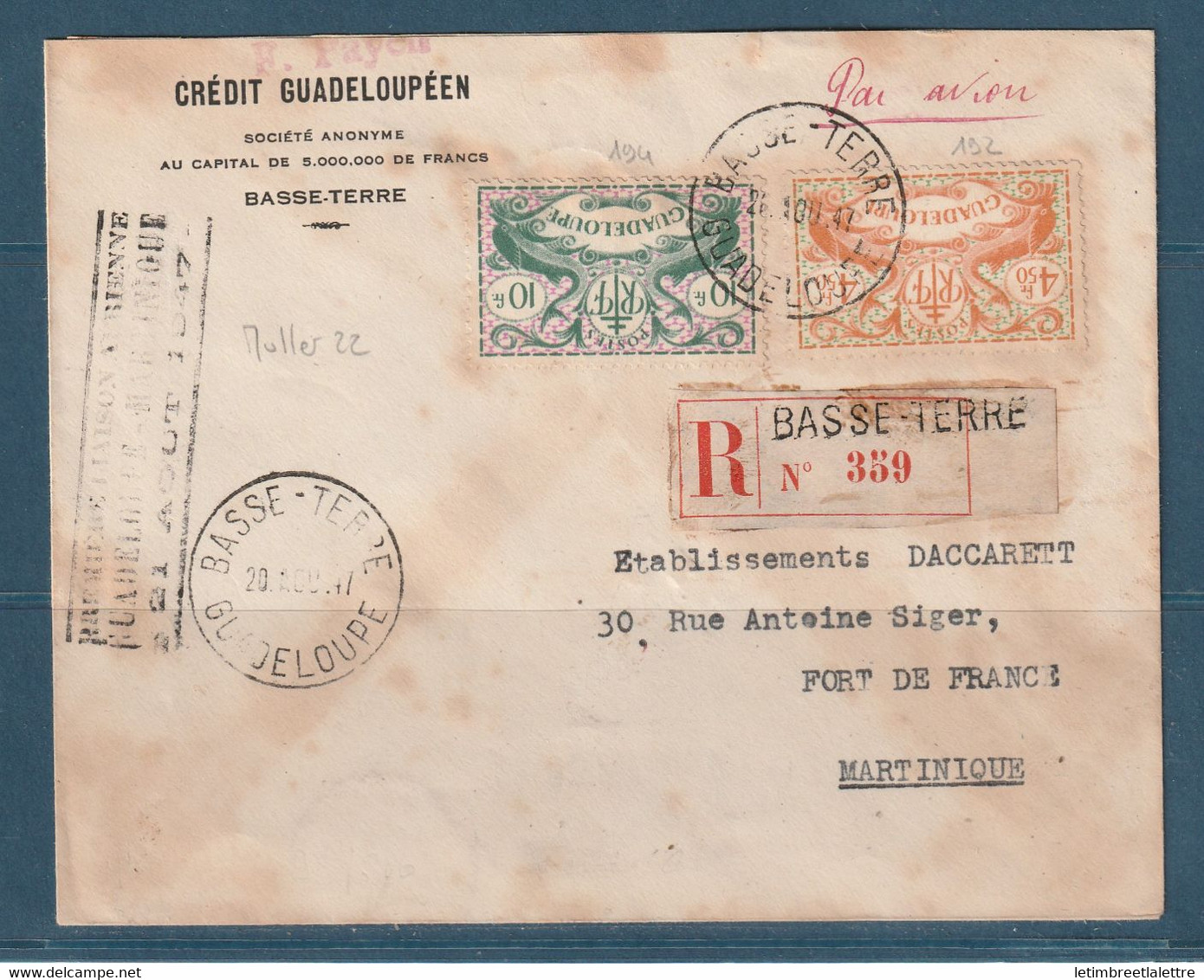 Guadeloupe - Première Liaison Aérienne Guadeloupe Martinique En Recommandé De Basse Terre - 1947 - Airmail