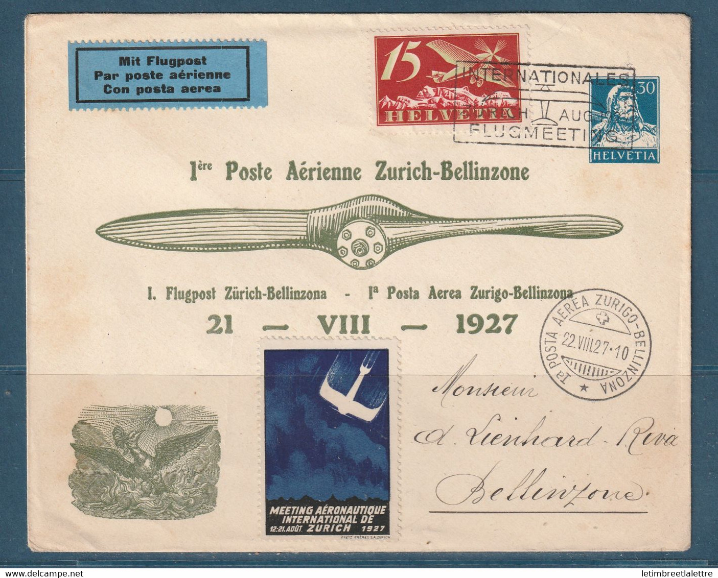 Suisse - Aérogramme - Premier Vol Zurich Bellinzone Sur Entier Postal Officiel Avec ça Vignette - 22 Août 1927 - Poststempel