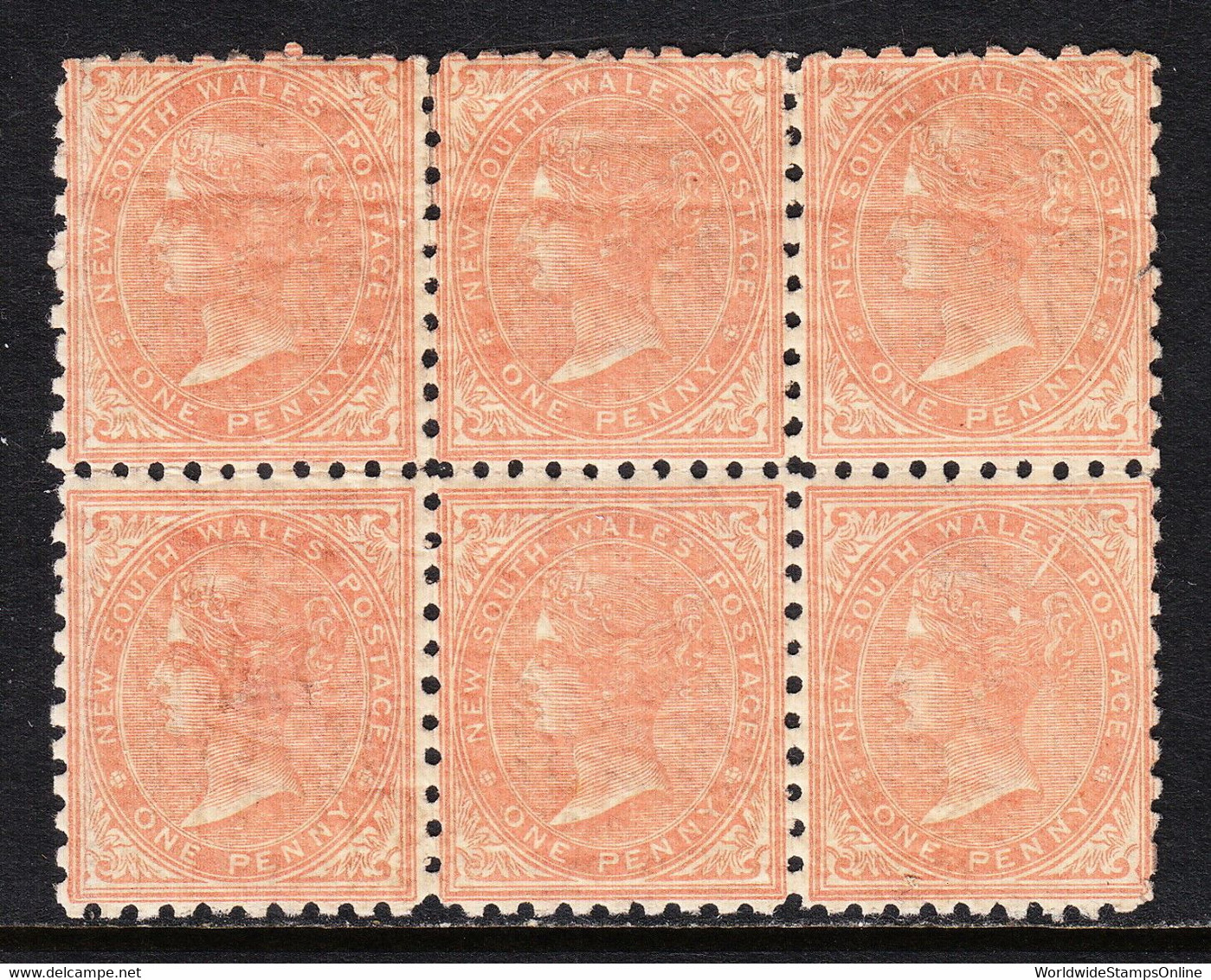 NEW SOUTH WALES — SCOTT 61a (SG 222)— 1882 1d SALMON — MH — BLOCK/6 W/PLATE FLAW - Ongebruikt