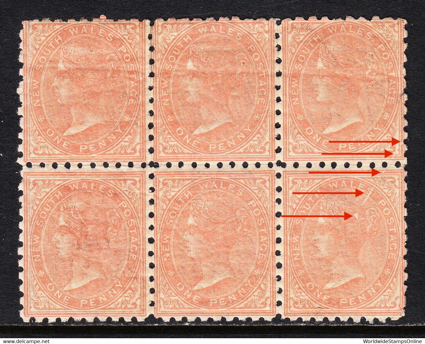 NEW SOUTH WALES — SCOTT 61a (SG 222)— 1882 1d SALMON — MH — BLOCK/6 W/PLATE FLAW - Mint Stamps