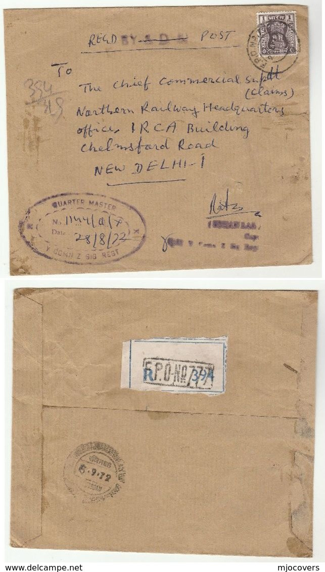 1972 INDIA FORCES To NORTHERN RAILWAY Train REGISTERED FPO 777 Quarter Master Y COMN Z SIG REGT Military Signals Cover - Dienstzegels