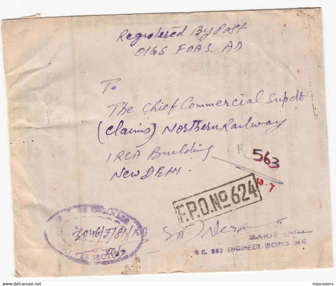1972 INDIA FORCES ENGINEER WORKS To NORTHERN RAILWAY Train REGISTERED FPO 624 From 862 Military Engineers Stamps Cover - Timbres De Service